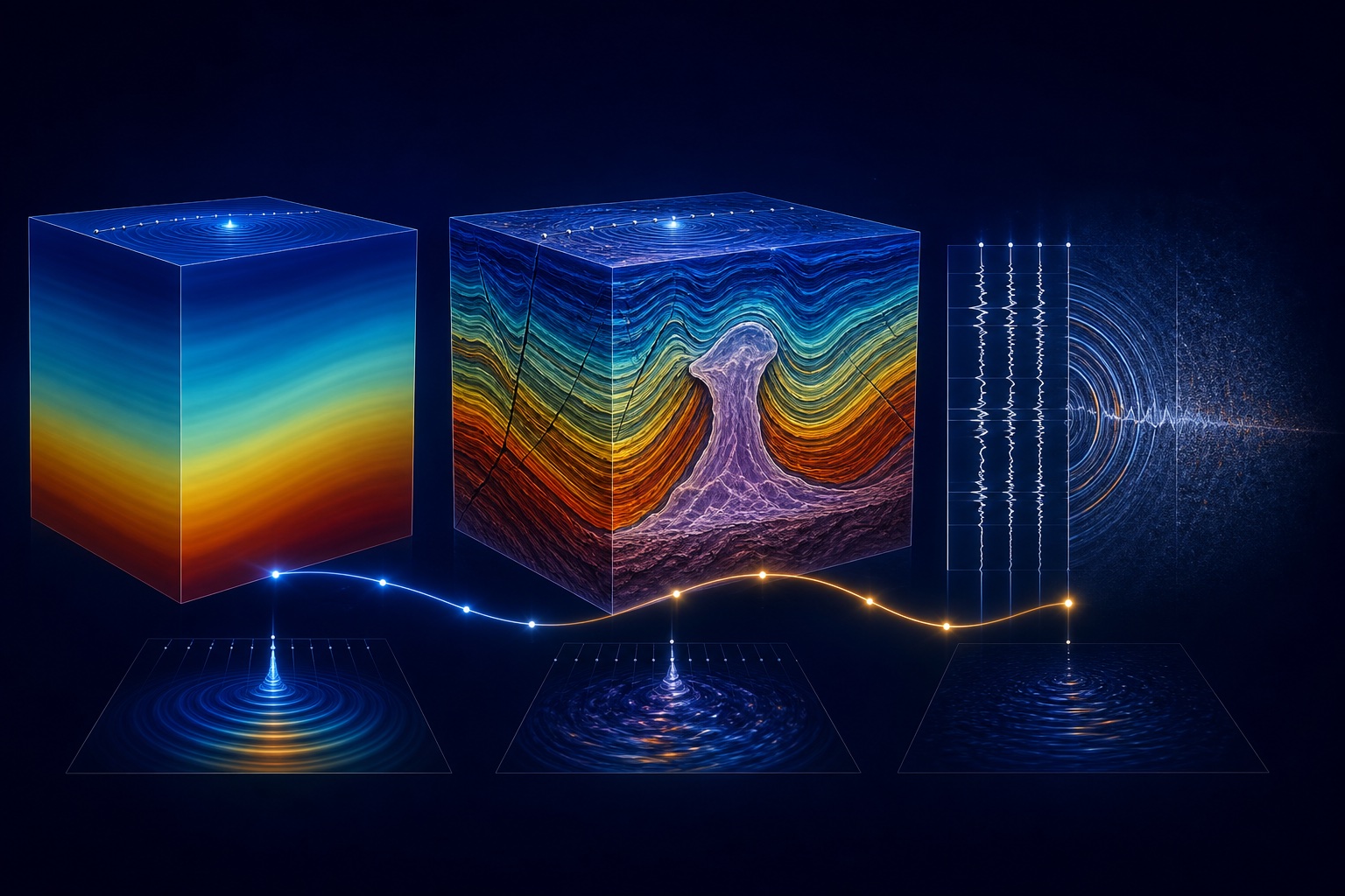 Scientific visualization of a smooth starting velocity model, a recovered geological model, and a seismic residual wavefield
